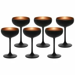 Stolzle 7.75oz Olympia Crystal Champagne Saucer Coupe Glasses - Set Of 6 | Black & Bronze