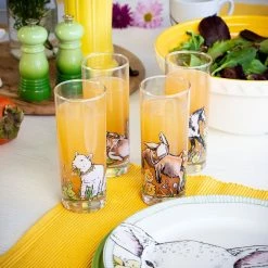 Everything Kitchens Barnyard Baby Animals 8 Oz Drinking Glass | "Leaping Sheep" - Lamb -Dinnerware Sales barnyard baby farm animals glass set lifestyle 5