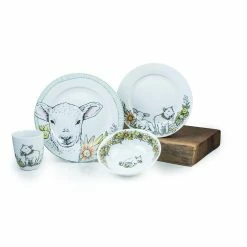 Everything Kitchens Barnyard Baby Animals 16-Piece Dinnerware Set With Mugs | "Leaping Sheep" - Lamb