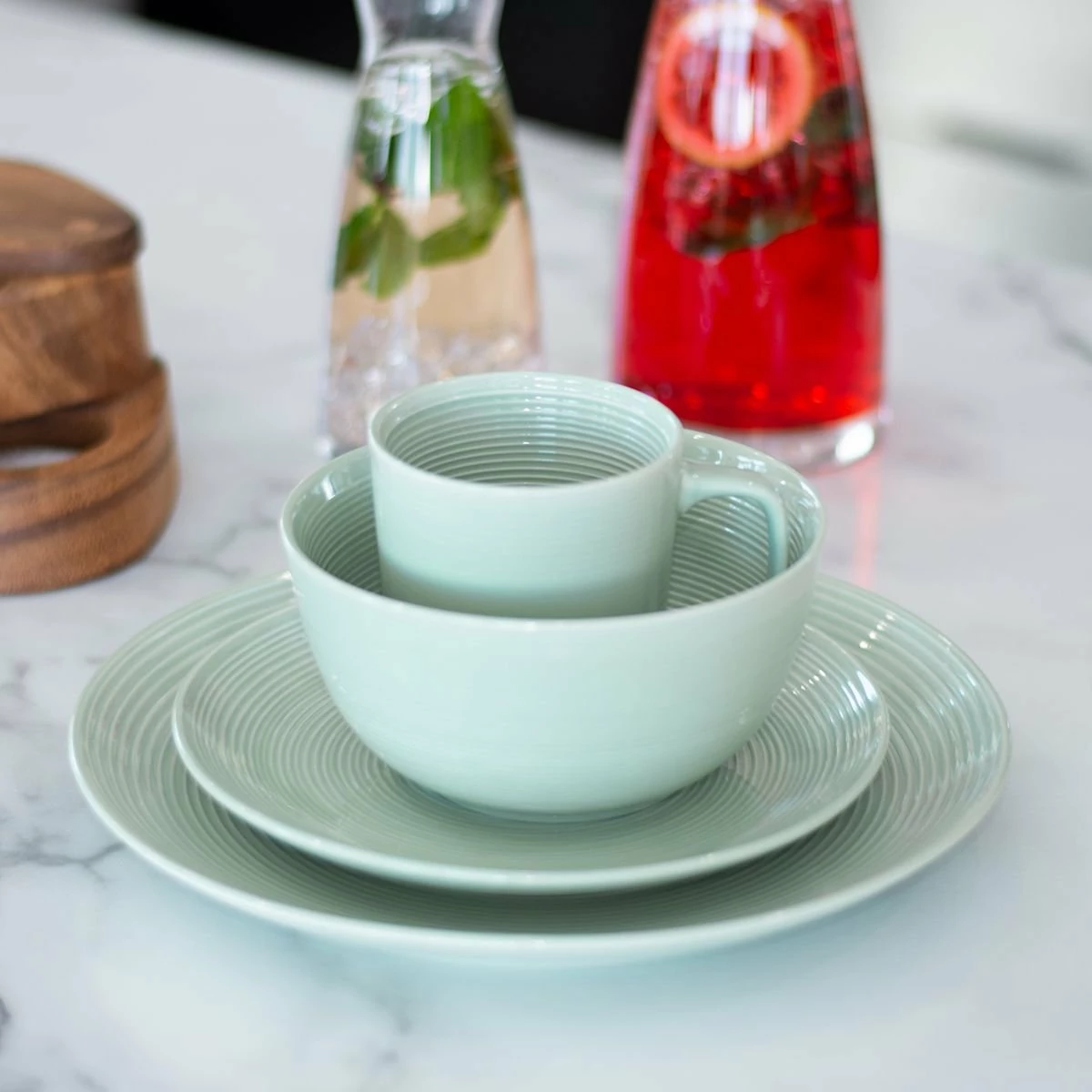 Everything Kitchens Modern Colorful Neutrals - Rippled 16-Piece Dinnerware Set - Glazed | Light Green 4 Everything Kitchens Modern Colorful Neutrals - Rippled 16-Piece Dinnerware Set - Glazed | Light Green - Image 2