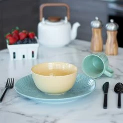 Everything Kitchens Modern Colorful Neutrals - Rippled 12-Piece Breakfast Set - Glazed | Blue, Butter Yellow, Light Green -Dinnerware Sales modern ripple glazed squares 0022 dsc0013 2